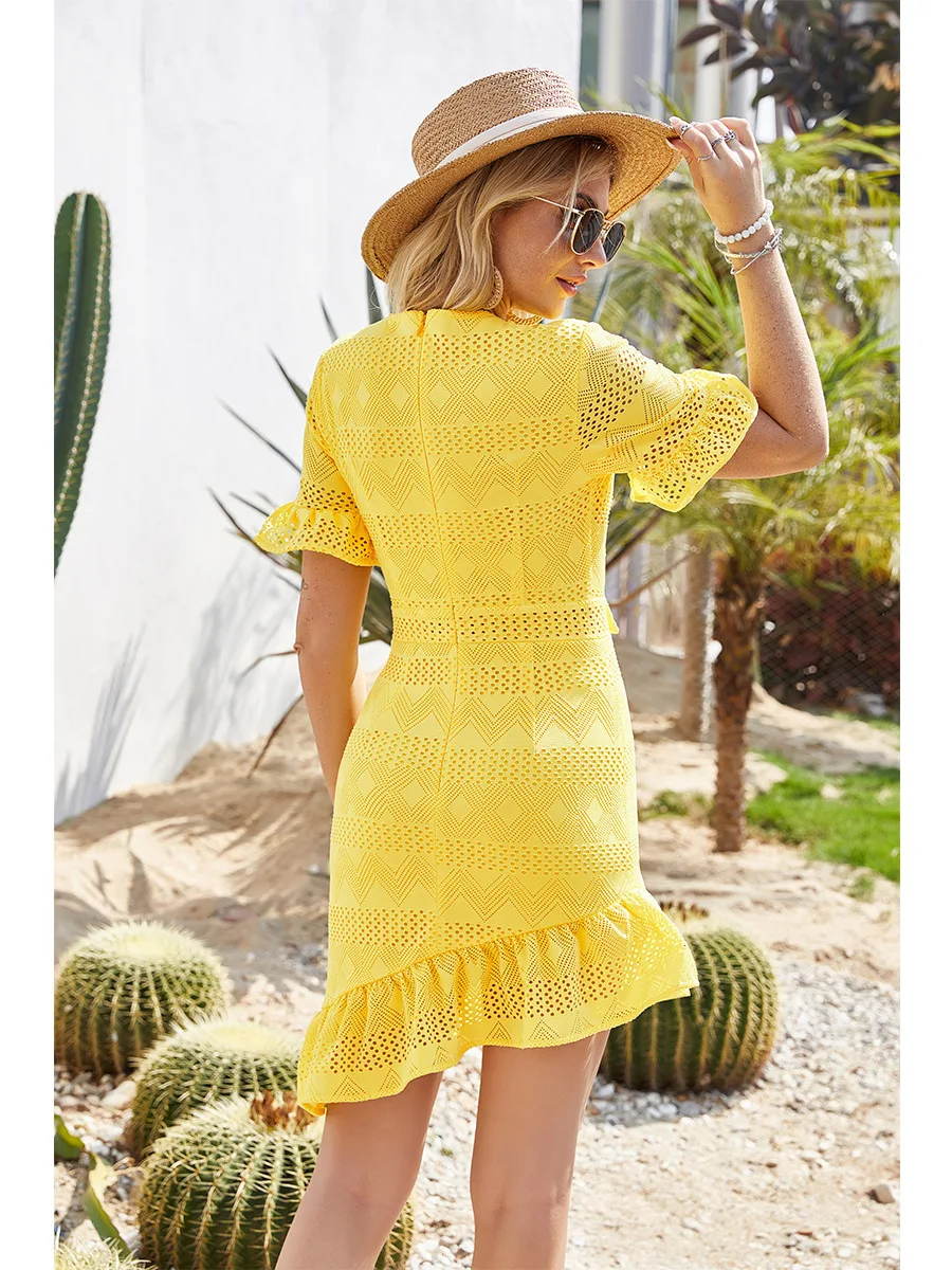 

Women Sexy Short Sleeve V-Neck Mini Bandage Dress Clothing 2021 Summer High Waist Ruffle Hollow Out Party Dresses for Women