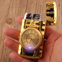 luxurious gold watch jet torch lighter turbo gas lighter metal windproof cigar cigarette lighter led inflated butane mans gift