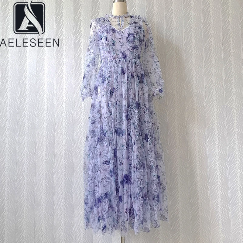 

AELESEEN 3D Flower Appliques Dress For Women 2021 Runway Fashion Luxury Flower Print Blus Long Elegant Party Holiday Dresses