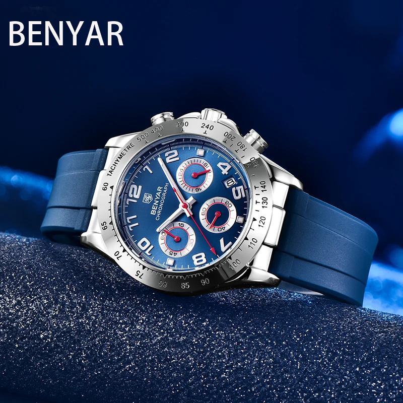 

BENYAR Top Design New Fashion Leisure Men's Quartz Watches Rubber Strap Waterproof Calendar Luminous Pointer Watch montre homme