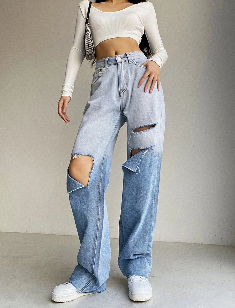 

Ripped Jeans for Women High Waist Baggy Ladies mujer vaqueros femme taille haute Blue Wide Leg Stacked Denim Boyfriend Straight