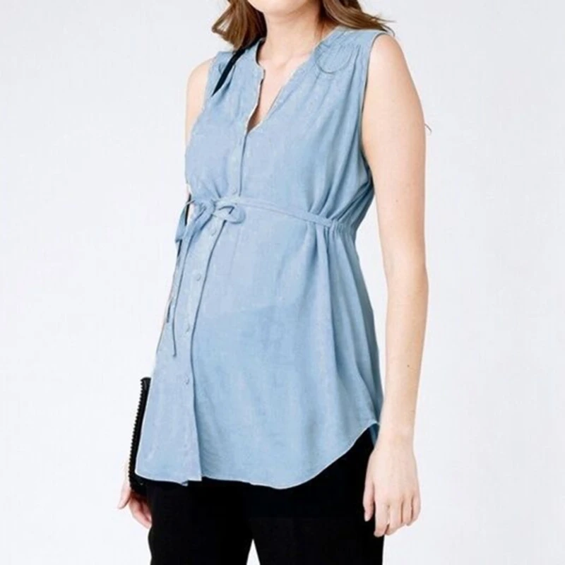 

Fashion Sleeveless Blouse Women Leisure Loose simple button Maternity wear solid color Women Shirts Tops Summer V Neck Blouses