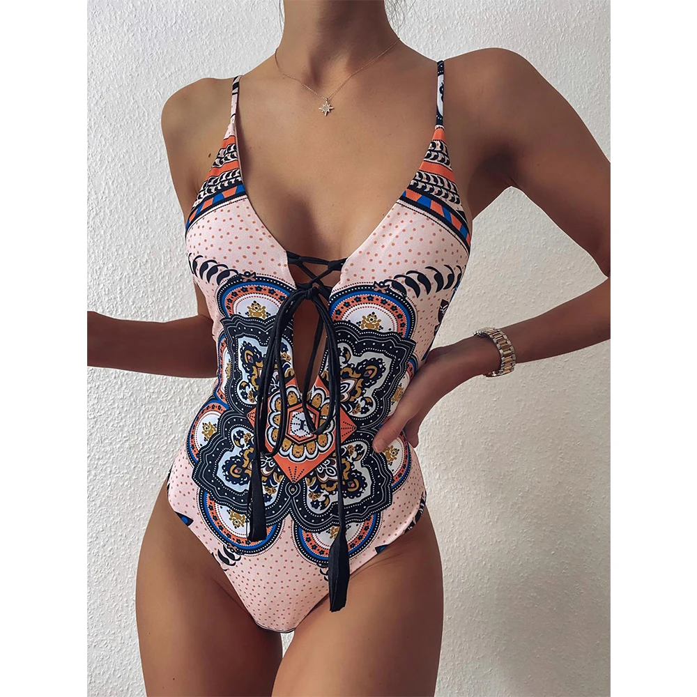 

2021 Vintage Print One Piece Swimsuit Women Swimwear Bandage Bodysuit Swimsuit Push Up Monokini Summer Bathing Suits Beach Wear