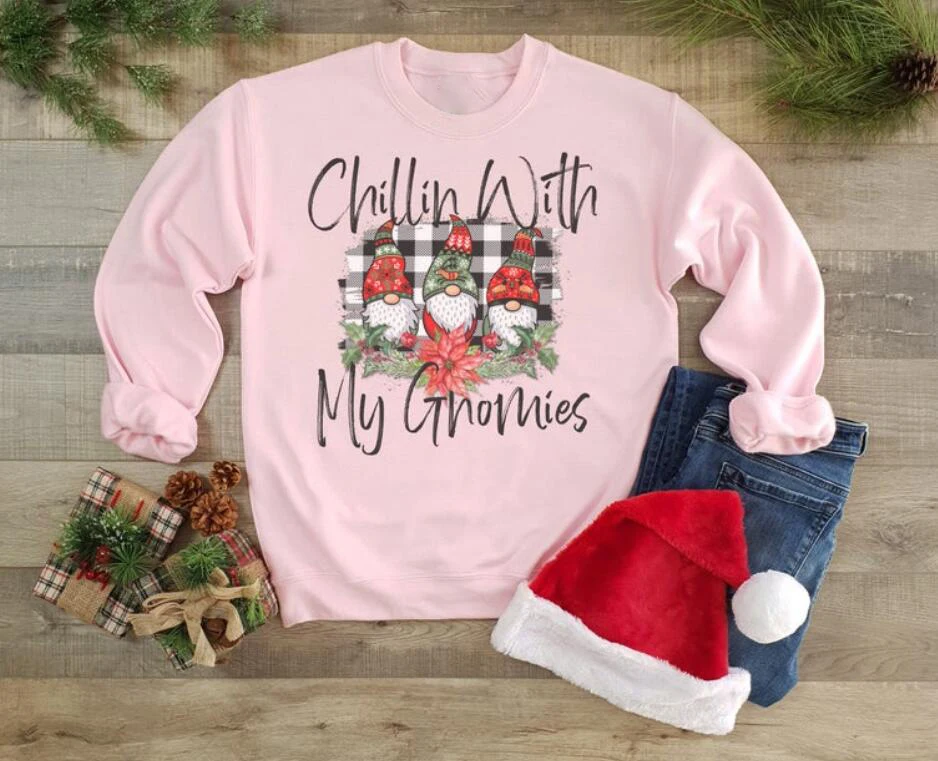 

Christmas Chillin With My Gnomies Colored Sweatshirt Hipster 100% Cotton Casual Casual Graphic Hoodies Christmas Gift Jumper Top