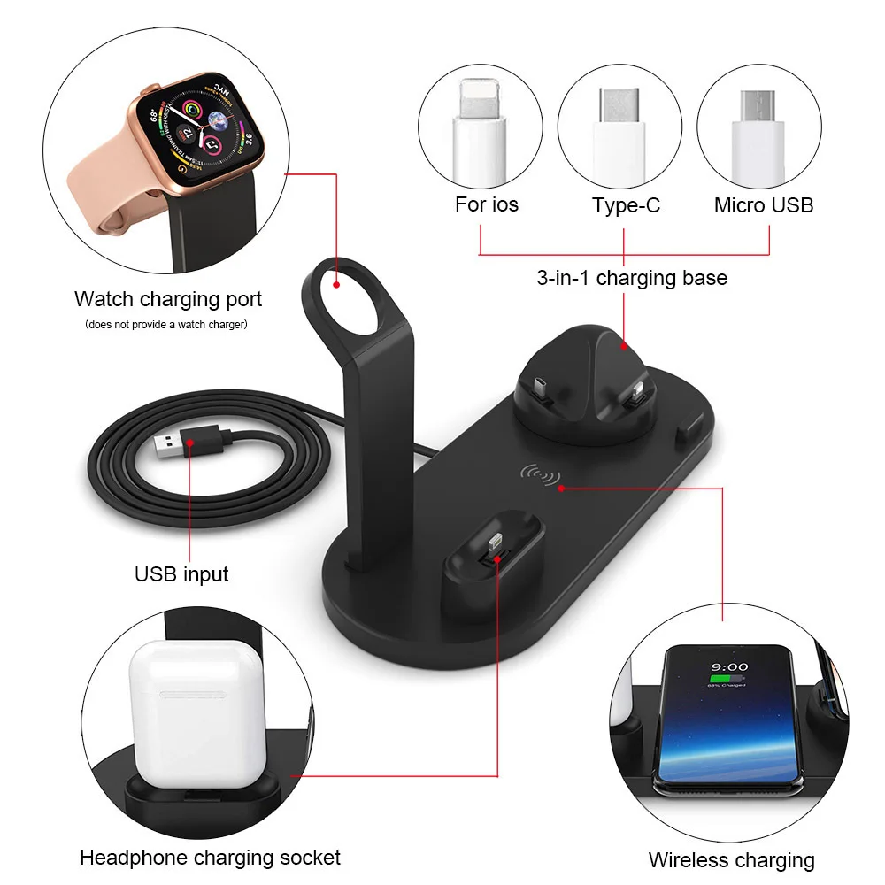 Black 3 in 1 Charging Dock Station Adaptor For Apple Watch Airpods Stand Wireless Charger iphone X XS MAX XR 8 Plus | Мобильные