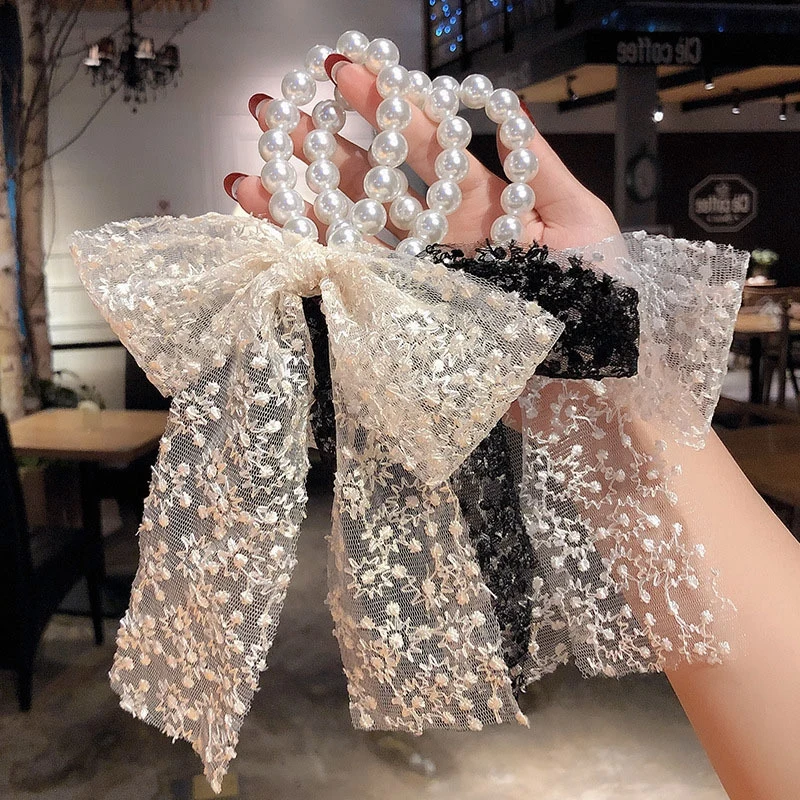

Woman Elegant Pearl Hair Ties Korean Style Girls Hair Ropes Rubber Lace Band Bow Knot Ribbon Scrunchies Headwear Accessories