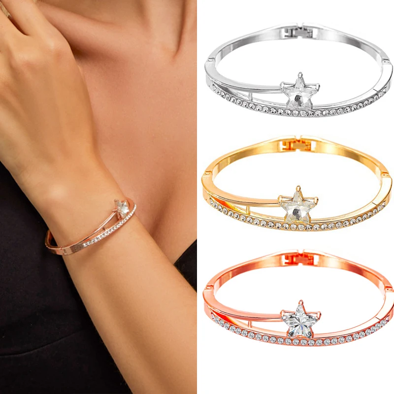 

Golden Women's Stainless Steel Jewelry for Women 2021 Inlaid Zircon Star Shape Double Layer Trendy New Trend Bracelets Fashion