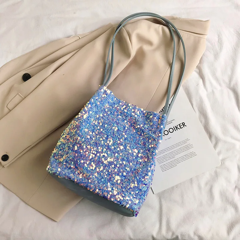 

2020 New Shiny Sequins Fish Beauty Scales Texture Fashion Women's Bag Bucket Bag Shoulder Bag Armpit Bag Small Bag