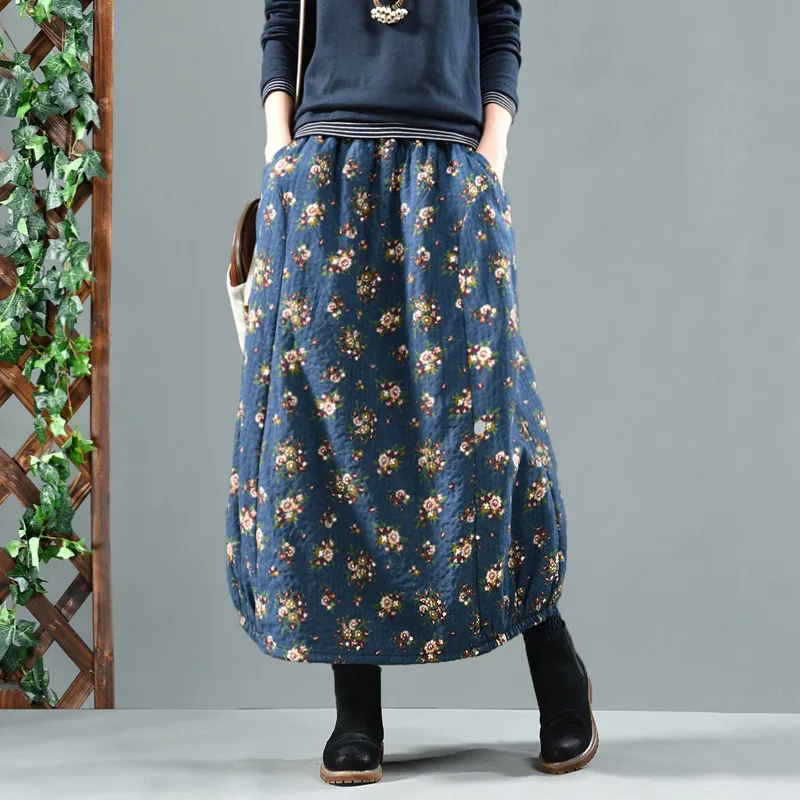 Бархатная юбка с принтом в стиле ретро из хлопка и льна длинная цветочным