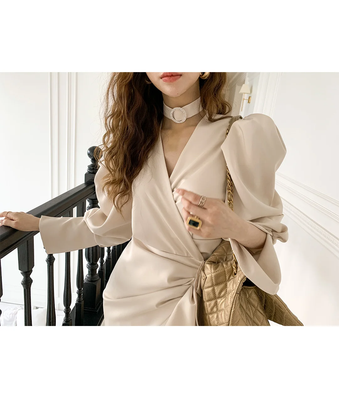 

ZCSMLL Korean Chic Temperament dresses Elegant V-neck Cross Side Lace Waist Puff Sleeve Hip Dress
