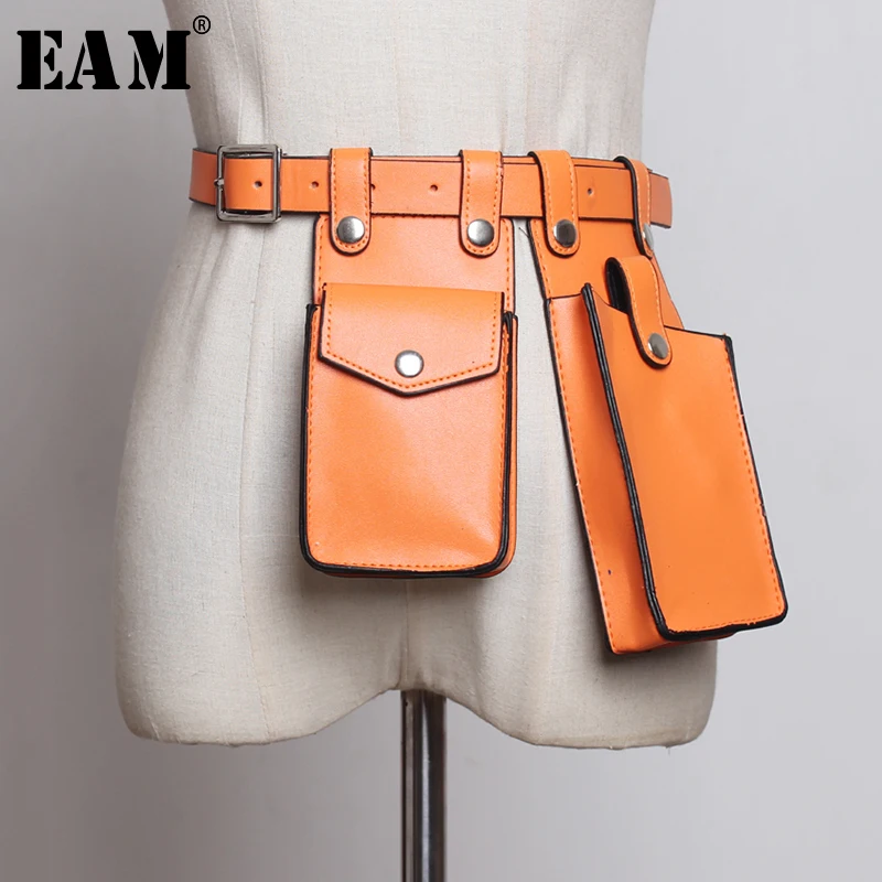 [EAM]  Multicolor Orange Mini-bag Split Joint Pu Leather Belt Personality Women New Fashion Tide All-match Spring 2023 1U220