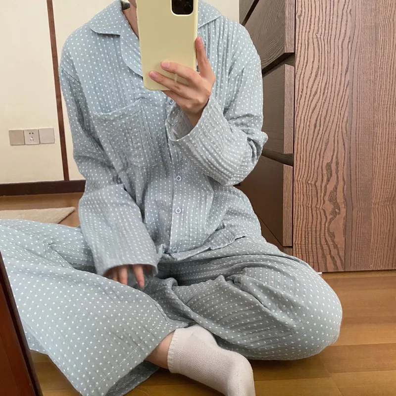 

casual home dot printed pajamas set 2 pieces men fashion pajama suit with pockets women cotton pjs pyjamas sets sleepwear L038