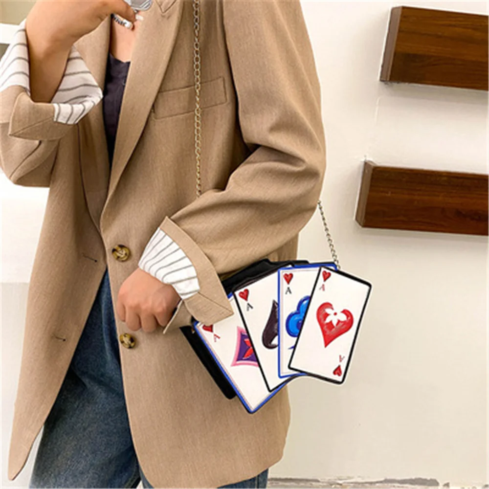 

2021 fashion funny personality creative contrast color playing card tower dollar pattern pu messenger bag female