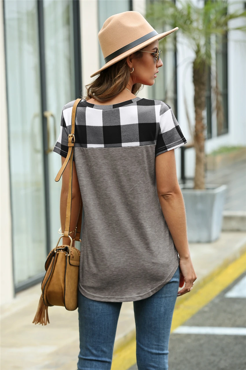 Футболка женская в клетку с карманами повседневная хлопковая рубашка коротким
