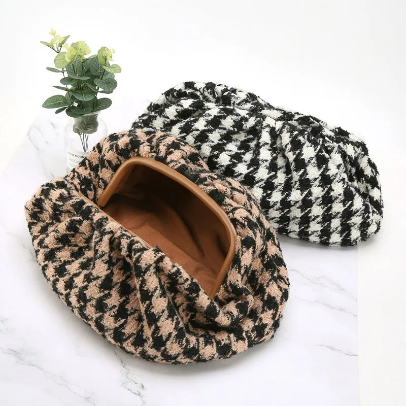 Day clutch tweed Evening party purse bag women large big small ruched pillow bag winter houndstooth plaid canvas pouch handbag