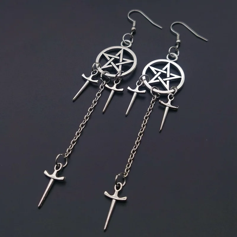

Pentagram Swords Earrings Silver Plated Huggie Hoops Dangle Witchy Jewelry Pagan Wiccan Tarot Gothic Emo Women Gift