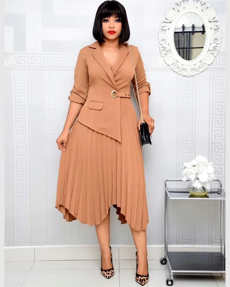 

2021 New Summer and Autumn African Women's V-neck Suit Party Dinner Women's Dress Pleated Waist Slimming Sexy Dress
