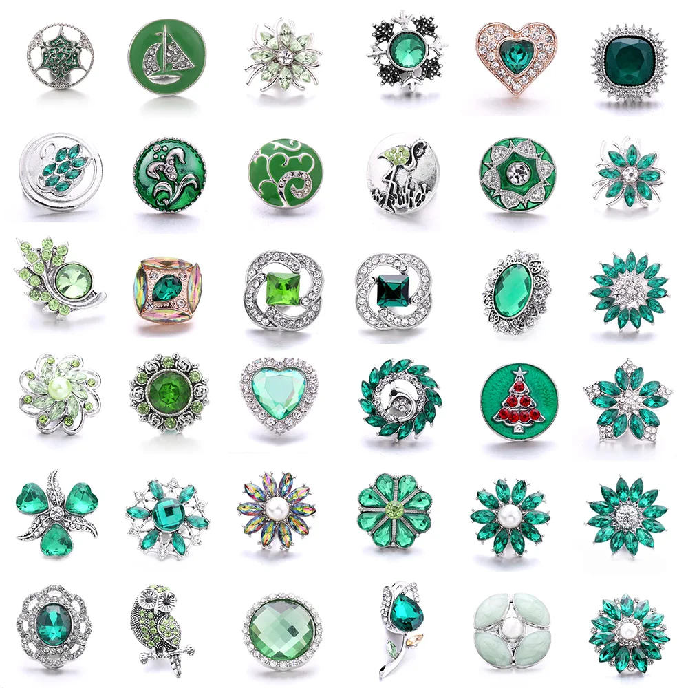 

5pcs/lot New Snap Jewelry Green Crystal Round Heart Snap Buttons DIY Ginger Charms Fit 18mm Snap Button Bracelet Bangle