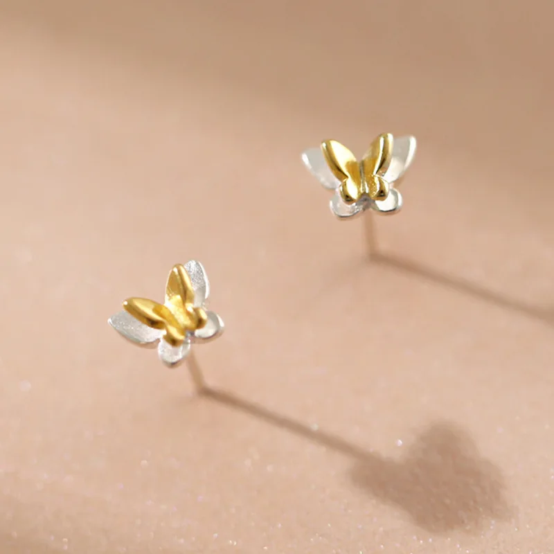 

925 Sterling Silver Tiny Cute Sweet Golden Butterfly Wing Fashion Stud Earrings For Student Girlfriend Girls Jewelry