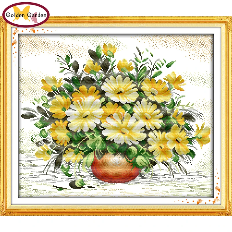 

GG Daisy Stamped Cross Stitch Kit 11CT 14CT DIY Needlework Embroidery Chinese Flowers Cross Stitch Sets for Home Decoration