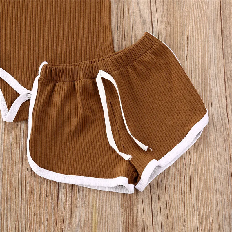

Fashion Baby Boys Girls Rib-knitted Clothes Solid Color Newborn Baby Boy Girl Summer Short Sleeve Romper Top+Shorts Unisex 0-24M