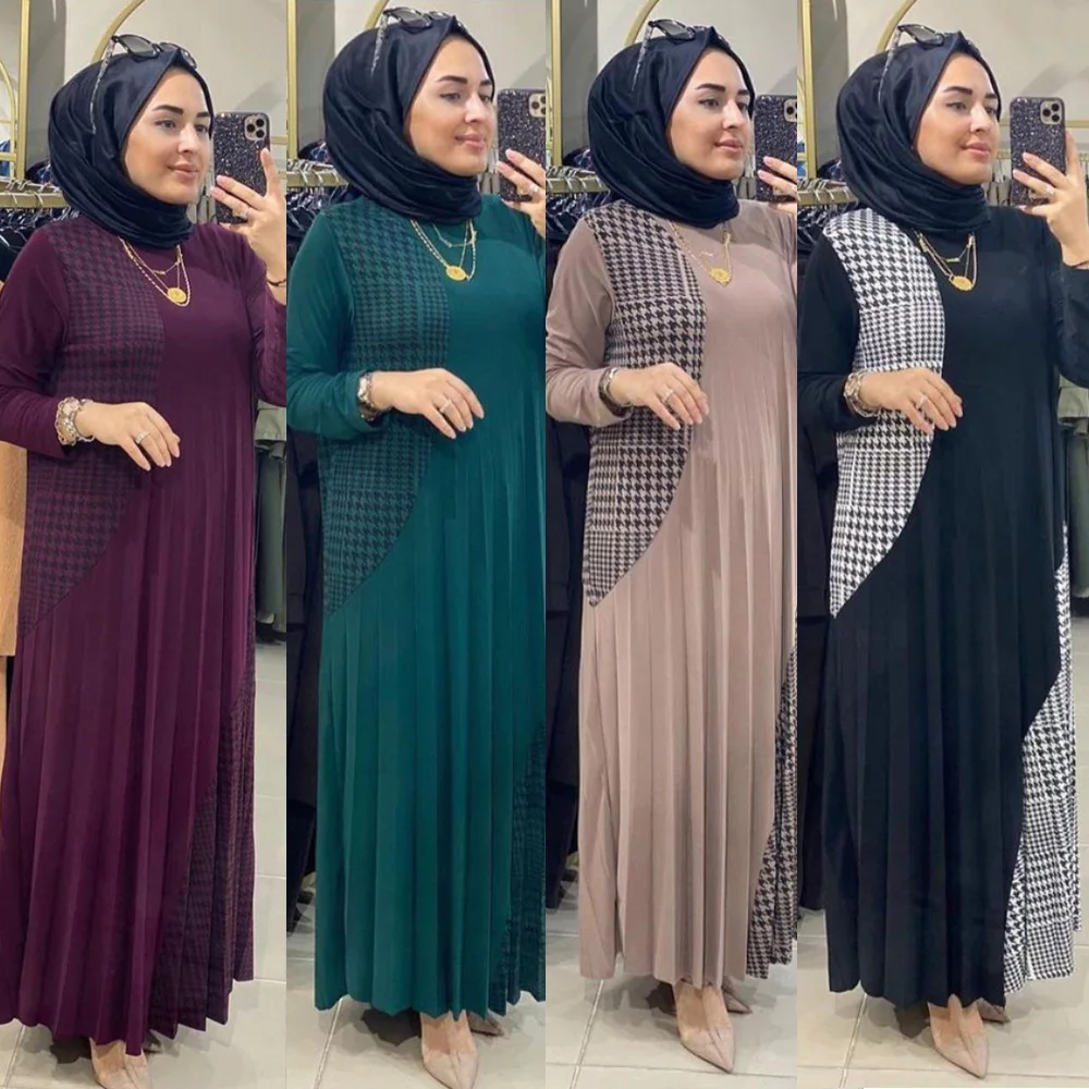 

L-XXXL Plus Size Color Block Spliced Loose Dress Vintage Summer Dresses for Women Casual Elegant Long Sleeve Pleated Long Dress