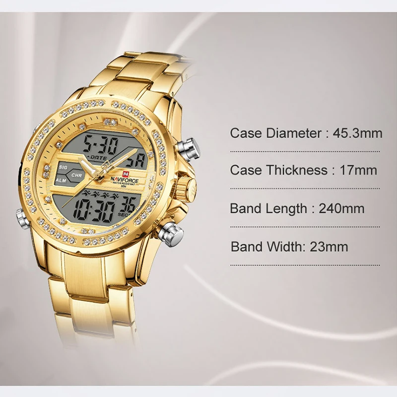 Часы наручные NAVIFORCE Мужские кварцевые спортивные золотистые водонепроницаемые