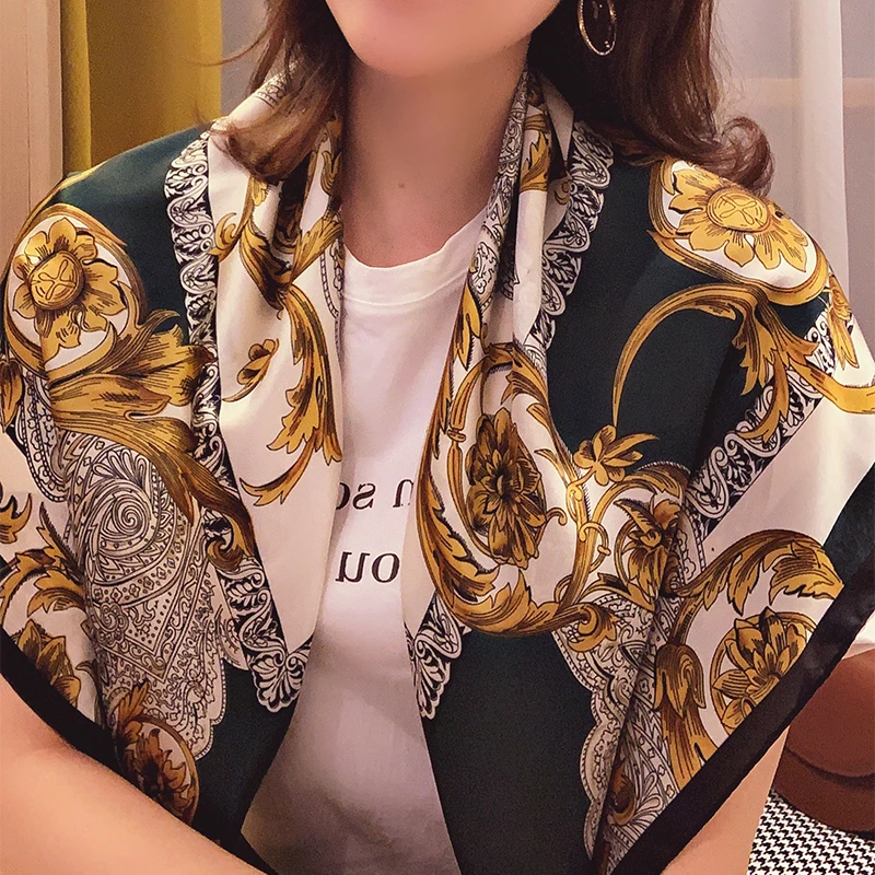 

2021 High-Grade Satin Silk Scarf Kerchief Fashion Headcloth New Bandana Female 90X90CM Neckerchief Summer Sunscreen Print Shawl