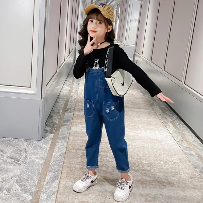 

Girls Suits Sweatshirts + Overalls Sets Kids 2021 Jean Spring Autumn Cotton Long Sleeve High Quality Teenagers Sport Tracksuits