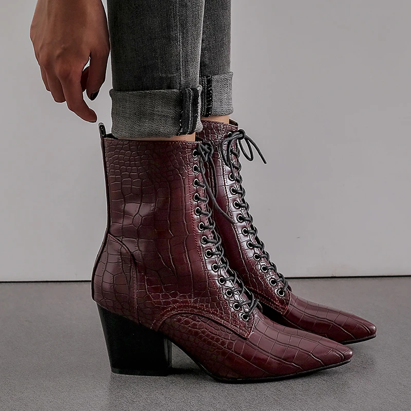 

WETKISS Emboss Pu Boots Women High Heels Ankle Boot Female Motorcycle Shoes Ladies Pointed Toe Shoes Women Winter 2020 New