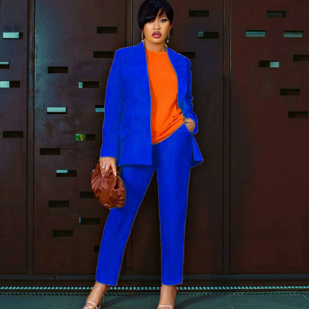 

2 Piece Set African Solid Long Sleeve Blazer Jacket Pants Suits Office Lady Elegant Business Outfits Women Sets Africa Clothing