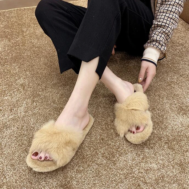 

Women Warm Winter New Rabbit Hair Slippers Female Cross Belt Fashion Wear Thick Platform Soft Fur Flat Cotton slippers y793