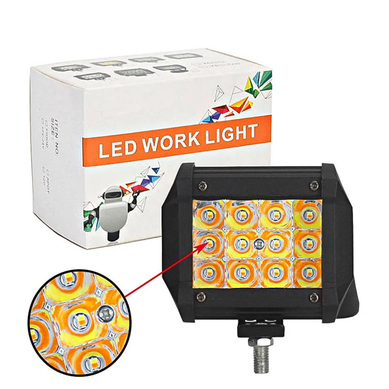 

1Pcs 5 modes 4-inch 12LED 36W work light spotlight white and yellow two-color flashing LED three-row DC12-24V 6000K