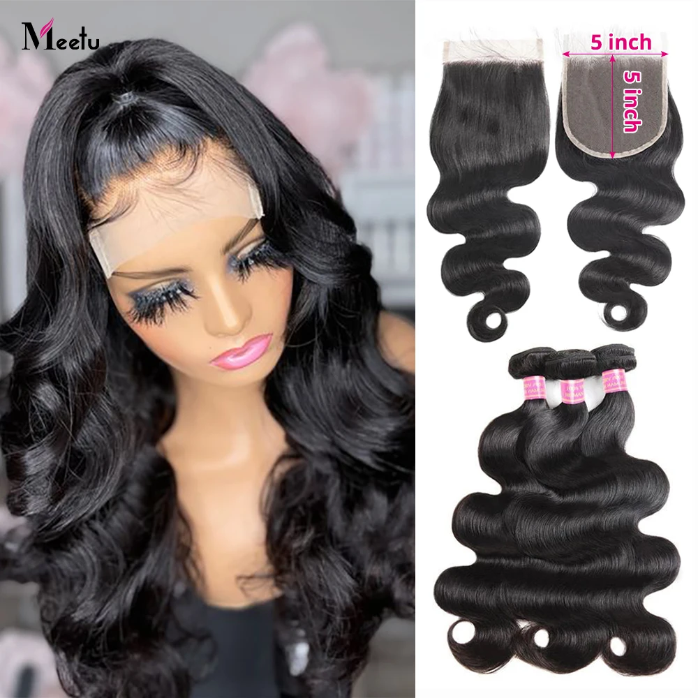 

Meetu 5x5 Closure With Bundles Malaysian Body Wave Bundles with Transparent Lace Closure Human Hair Bundles with Closure NonRemy