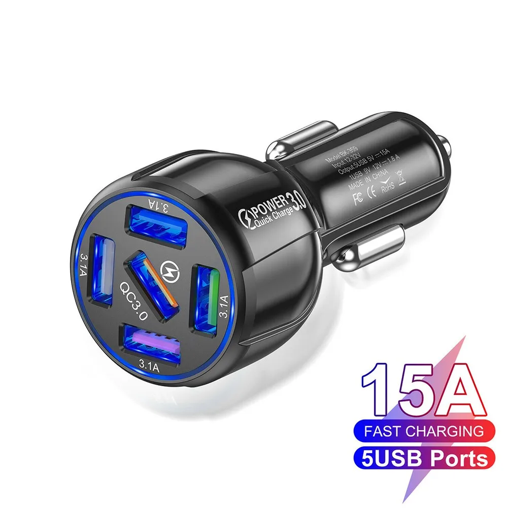 

1 XCar Charger Car Charger Cigaret Lighter QC3.0 USB Adapter Fast Charging 5 USB Interface With Fast Charge 5V-15A Interface