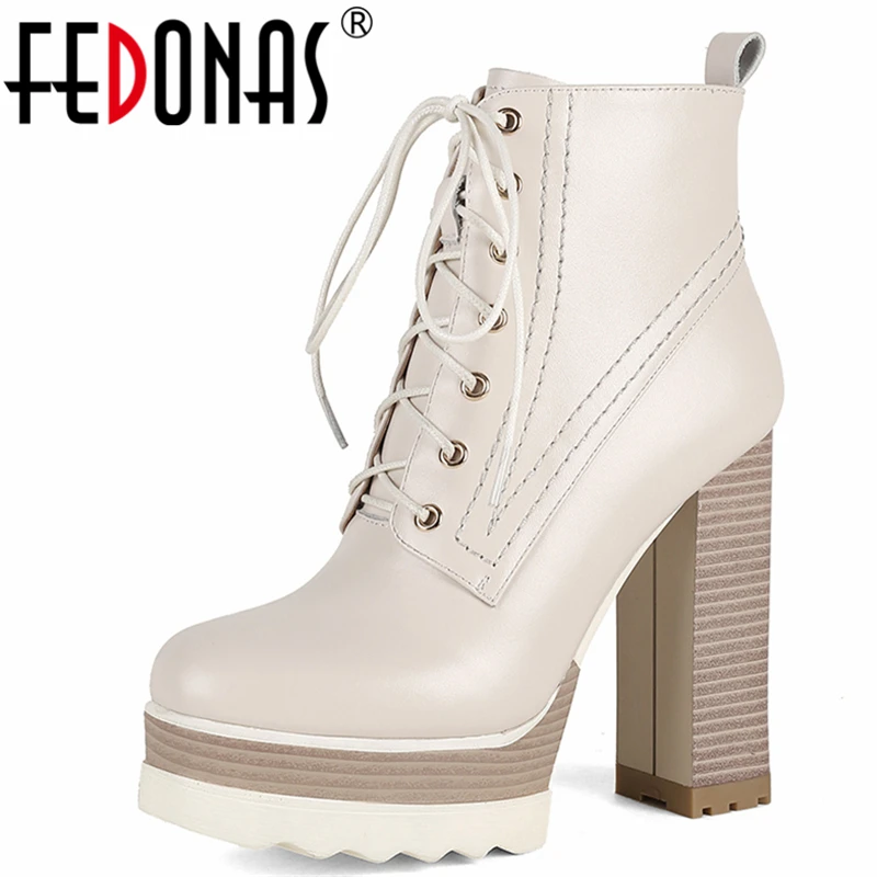 

FEDONAS Super High Heels Platforms Women Ankle Boots Cross-Tied Genuine Leather Office Casual Shoes Woman Autumn Winter Newest