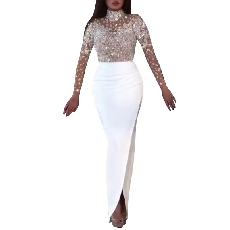 

2020 New Mesh Stitching Sequin Dress High Waist Long Sleeve Dress JS0333