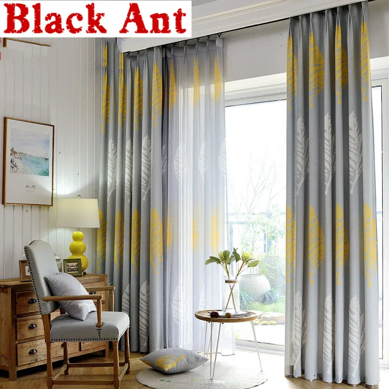 Gri Modern yapraklar sarı perde keten pencere yatak odası sırf perde oturma odası için kalın perdeler ekran özel panjur X-WP20530