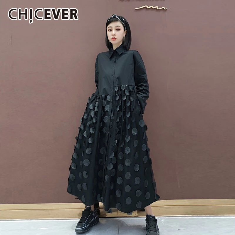 

CHICEVER Casual Black Patchwork Dress For Women Lapel Collar Long Sleeve Ankle Length Solid Dresses Female Clothing 2021 Fashion