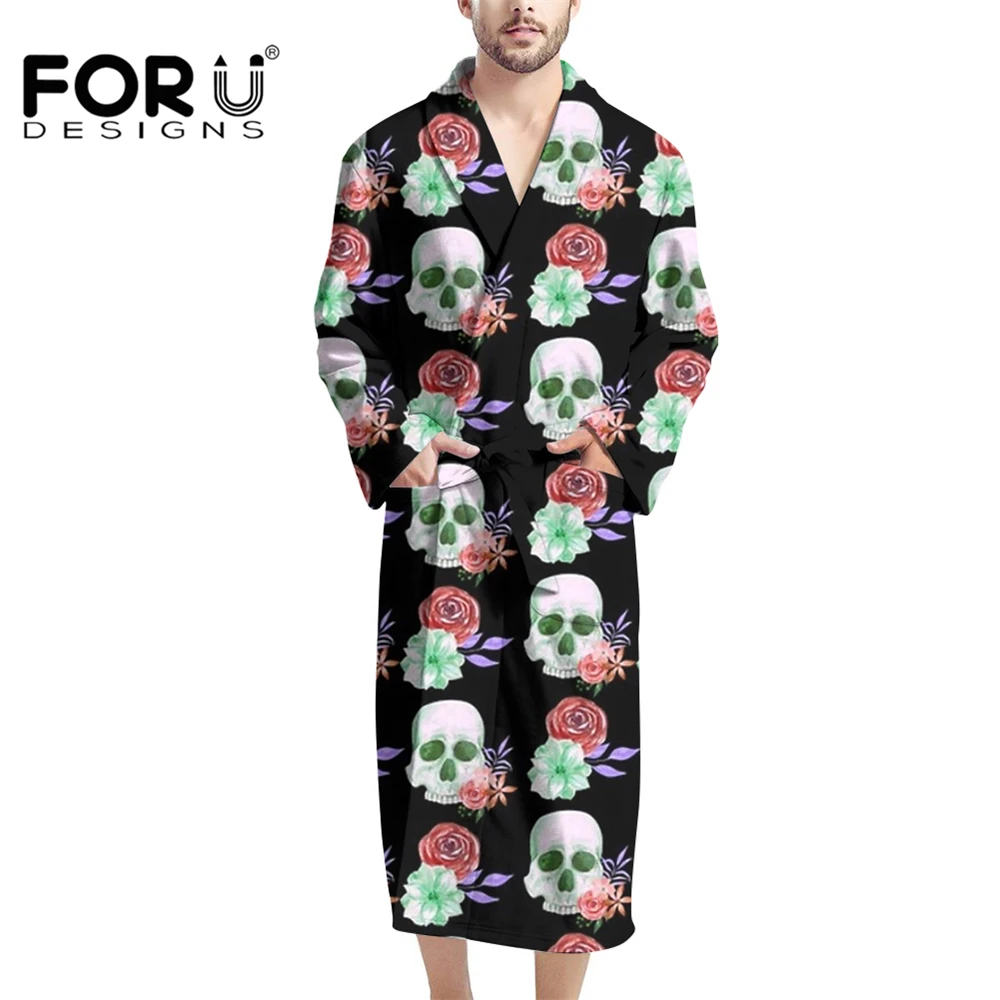 

FORUDESIGNS Green Sugar Skull Flower Fashion Nightgown For Male Big and Tall Personalized Long kimono Luxury Spa Hotel Robe