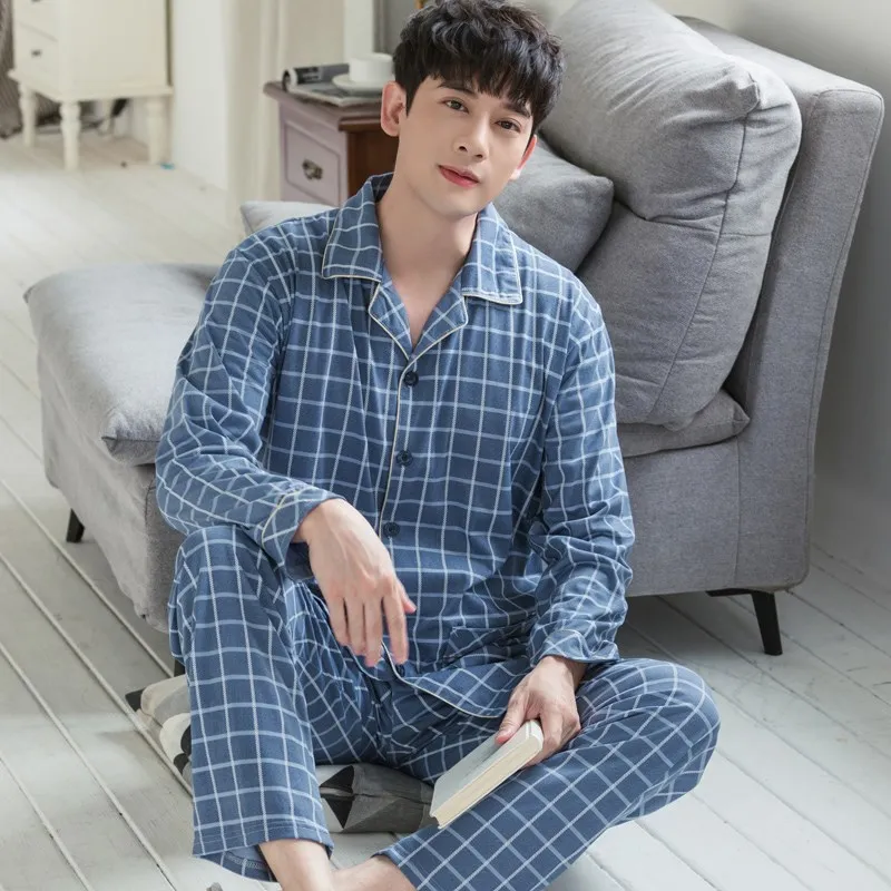 100% Cotton Men Pajamas Blue Plaid Spring Home Wear Men's Pijamas Set 2 Pieces Bedroom Pjs Long Sleeve Autumn Pyjamas Pant Suits