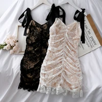 2021 new summer french lace stitching double layer halter strap casual dress womens folds slim slimming hip ball dress