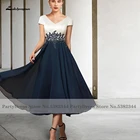 Скромное темно-синее платье для матери невесты, Кружевная аппликация, 2021, платье для свадебной вечеринки Madrina Boda, платье длиной ниже колена с рукавом-крылышком