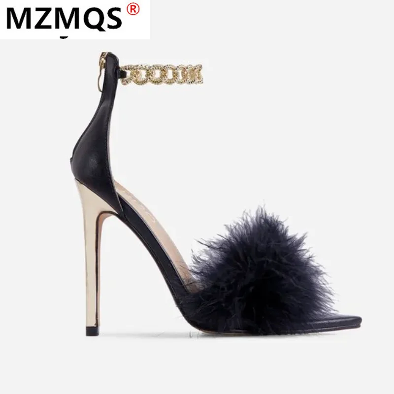 

New Fashion Chain High Heel Sandals Fur Women Square Open Toe Rome Sandlas Sexy Party Shoes Plus Size 36-43 Zip Woman Peep Toe