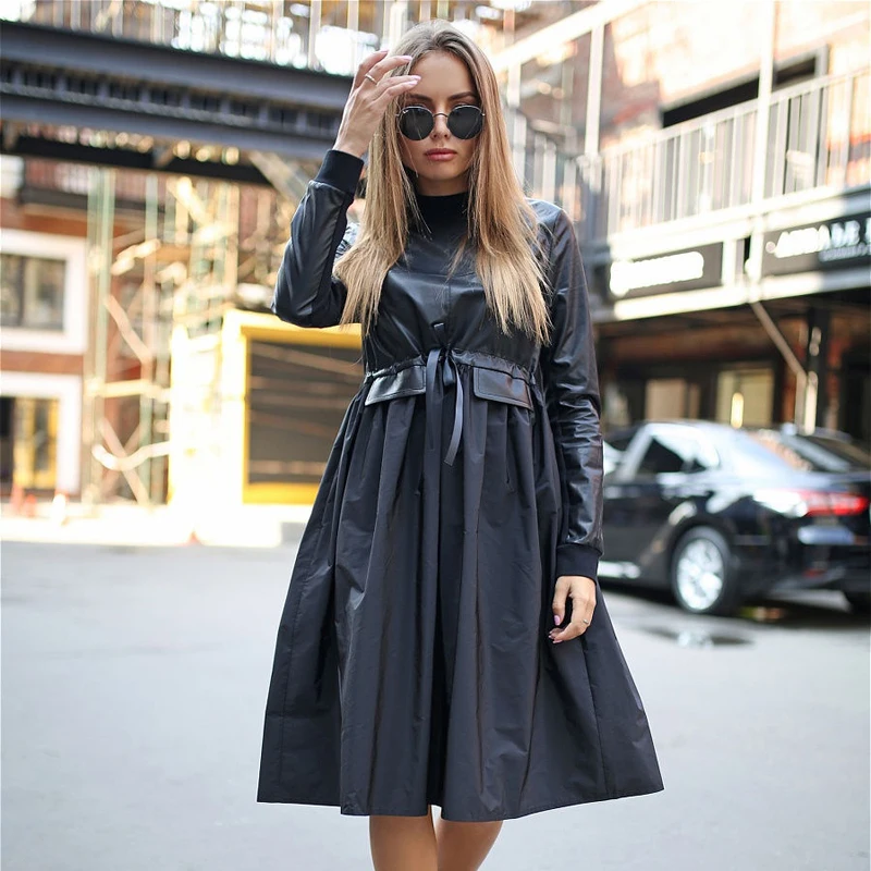 Женское лоскутное платье-трапеция из искусственной кожи с поясом зимнее платье