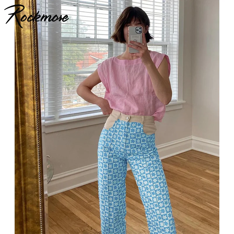 

Rockmore Plaid Print High Waist Women'S Jeans 90s Streetwear Baggy Trousers Wide Leg Pants Y2K Mom Boyfriend Denim Pants Capris