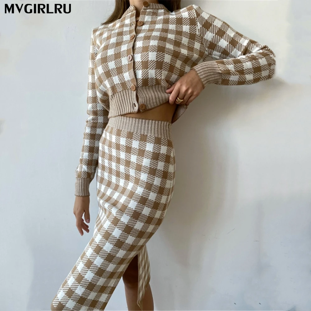 

Женский вязаный костюм MVGIRLRU, кардиган контрастных цветов в квадратную клетку, свитер с Боковым Разрезом, вязаная юбка-карандаш, комплект из ...