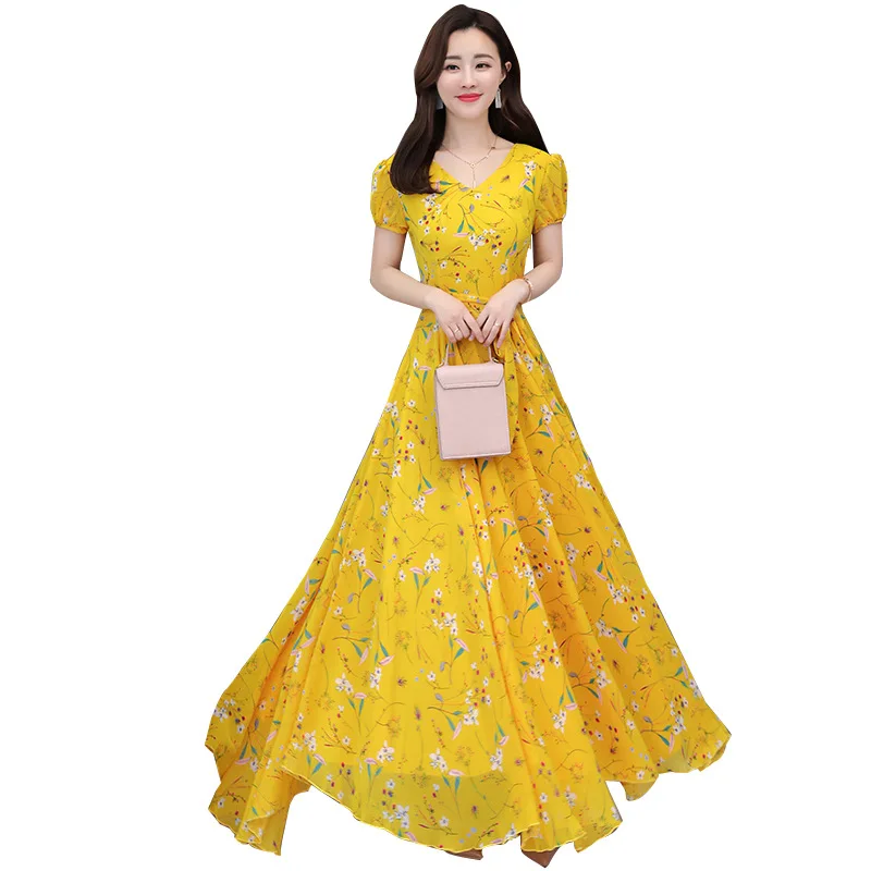 Летнее шифоновое платье для женщин 2020 длинное пляжное макси элегантное желтое с