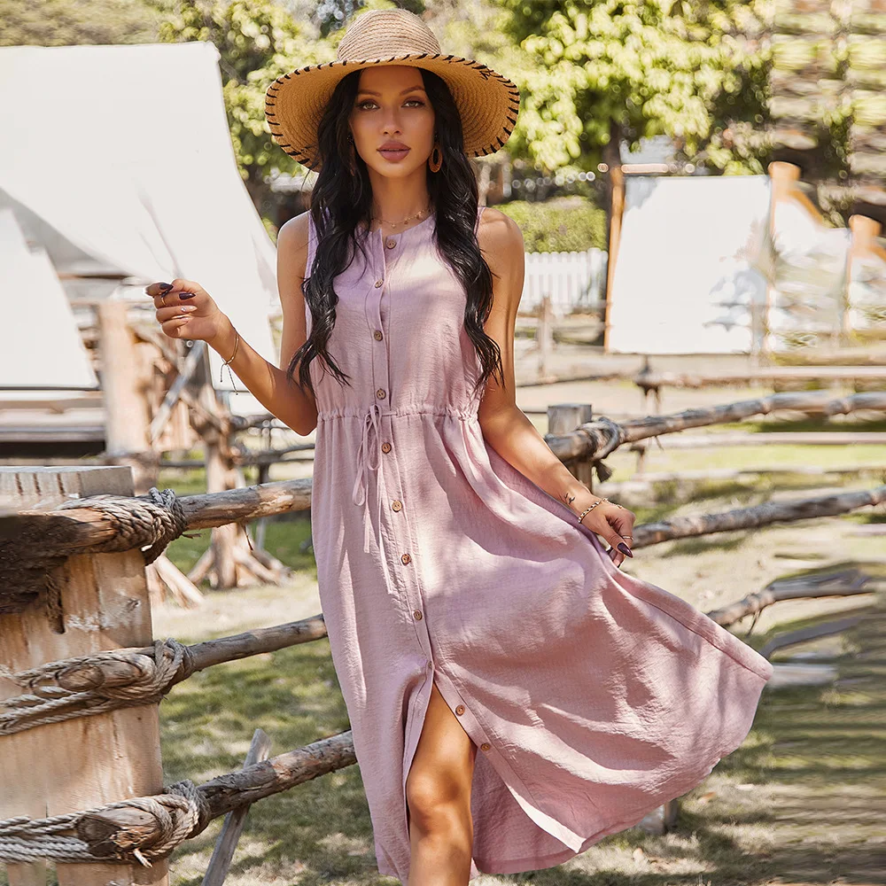 

Summer 2021 Button Solid Tank Dress Vintage Loose Waist Mid-calf Ladies Frocks for Women Casual Lace Up Drawstring Shirt Dress