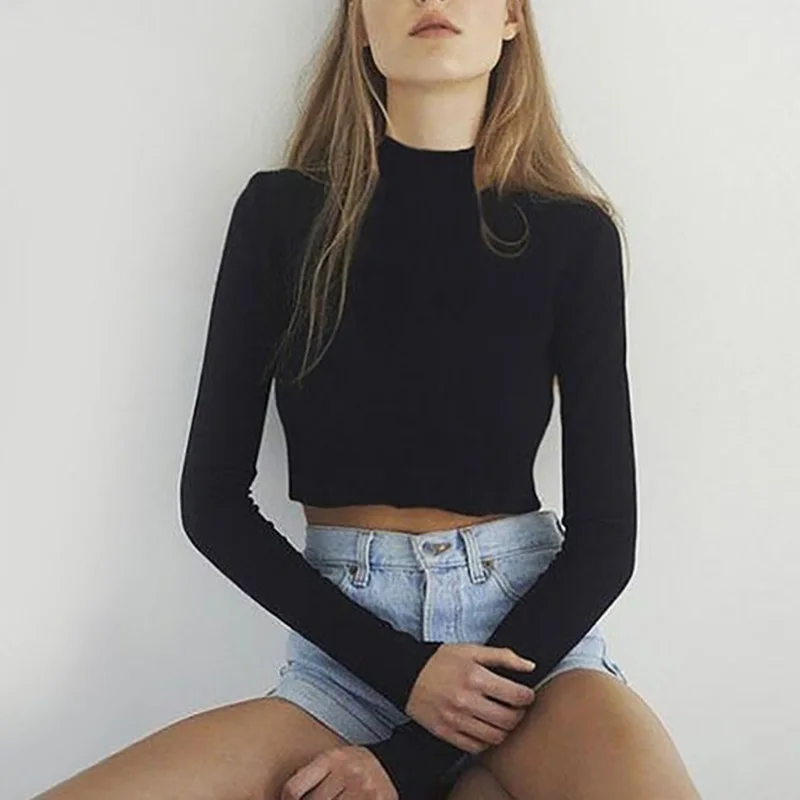 2020 Women Slim Soft Elastic Turtleneck Solid Crop Tops Girl Long Sleeve Short T-Shirts Tees Female Autumn Casual T-shirt | Женская
